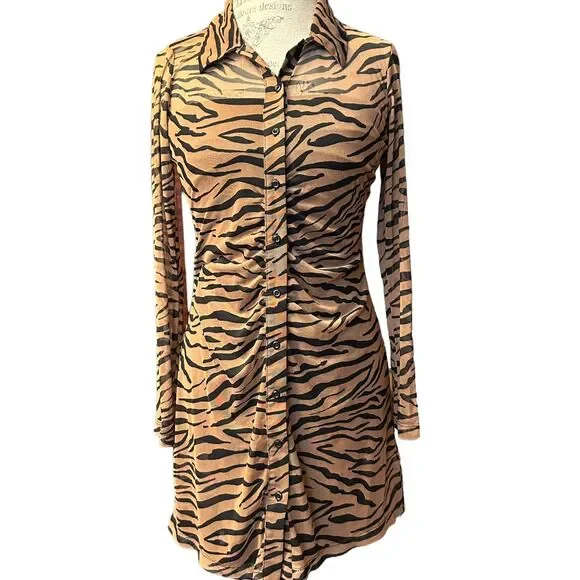wild fable | Dresses | Wild Fable Xs Long Sleeve Mesh Dress Buttonfront  Brown Animal Print | Poshmark